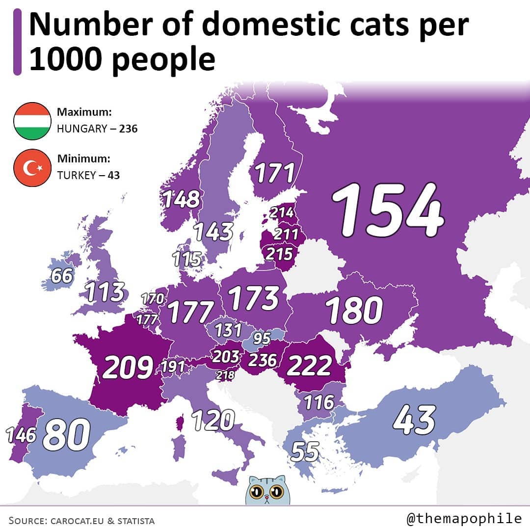 Number of domestic cats per 1000 people
