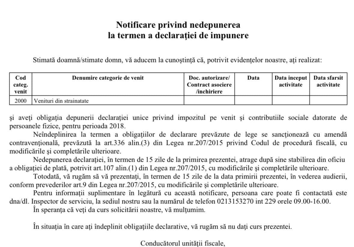 Haos la ANAF Sector 5 - Notificare privind nedepunerea la termen a declarației de impunere