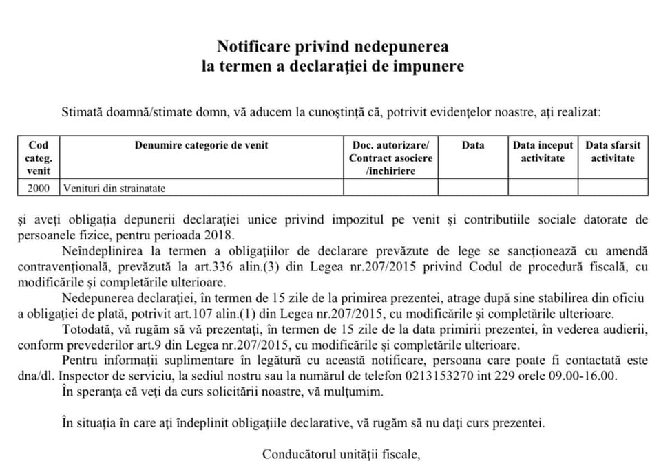 Haos la ANAF Sector 5 - Notificare privind nedepunerea la termen a declarației de impunere